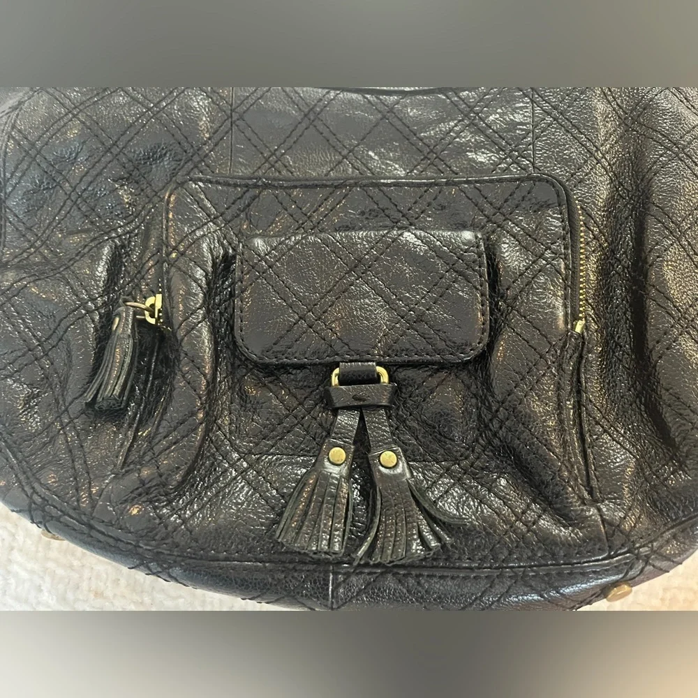 Antonio Melani Black Hobo Bag Quilted Leather Cargo Pockets Tassle Zips Shouder